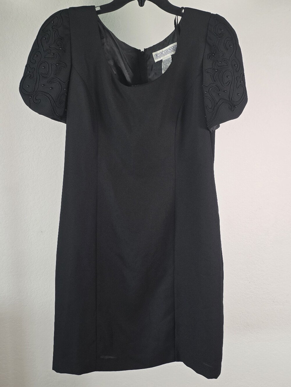 Jessica Howard Size 14 Black Beaded Puff Sleeve Sheath Dress Y2k Flaw